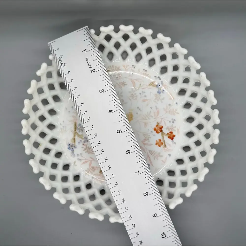 Vtg. Milk Glass Painted Floral Bowl Basket weave Lattice Fruit Compote Open Lace